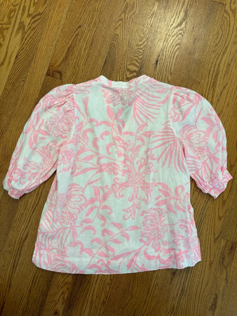 Lilly Pulitzer Mialeigh 100% Linen Top Pink White Floral Resortwear Preppy